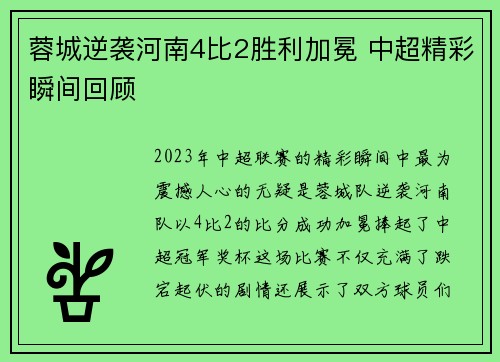 蓉城逆袭河南4比2胜利加冕 中超精彩瞬间回顾